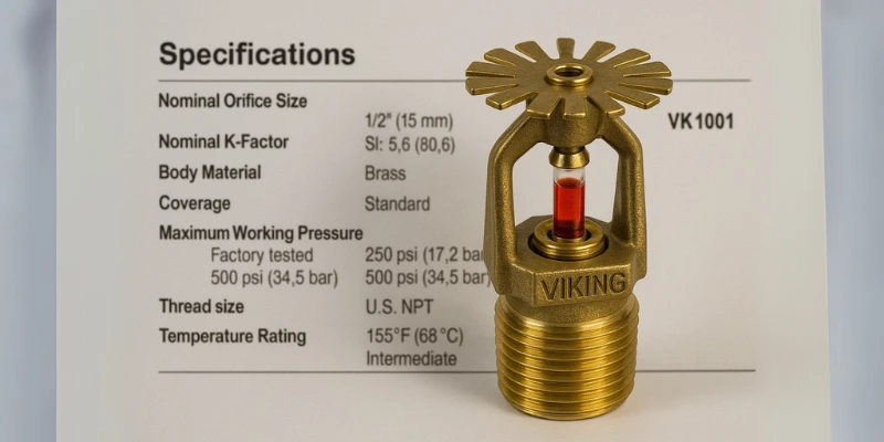 Upright head sprinkler dan spesifikasinya.