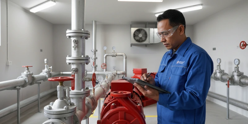 Pengecekan sistem pompa di pusat kontrol hydrant.